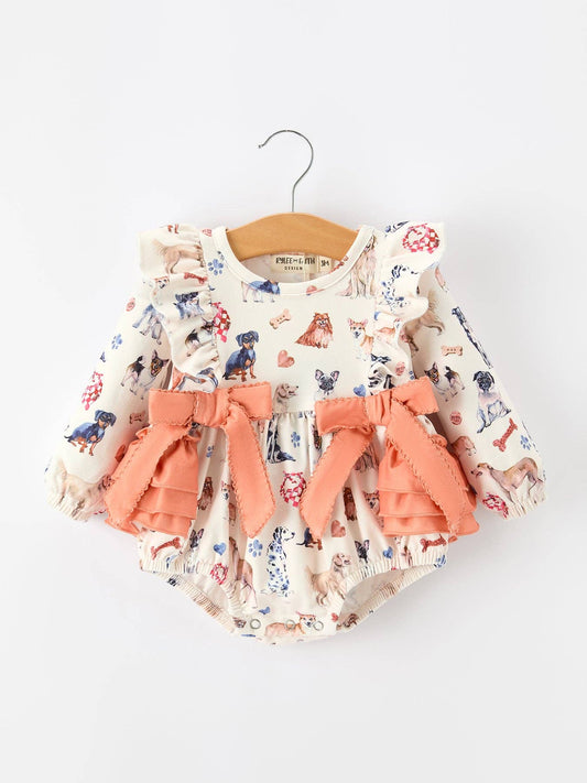 Fall Dog Print Ruffle Bow Romper