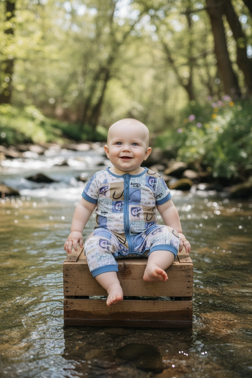 Gone fishing" blue romper