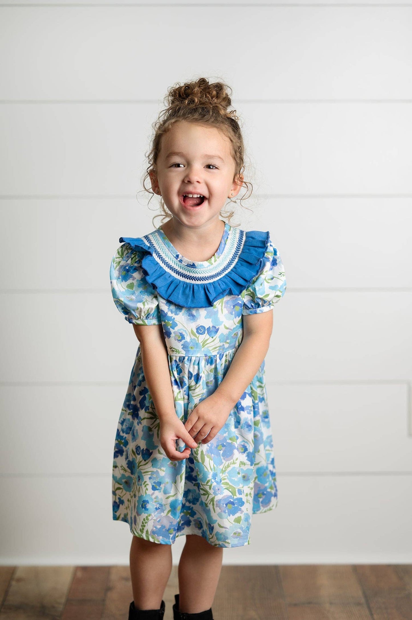 Girls Blue Vintage Floral Embroidered Ruffle Dress
