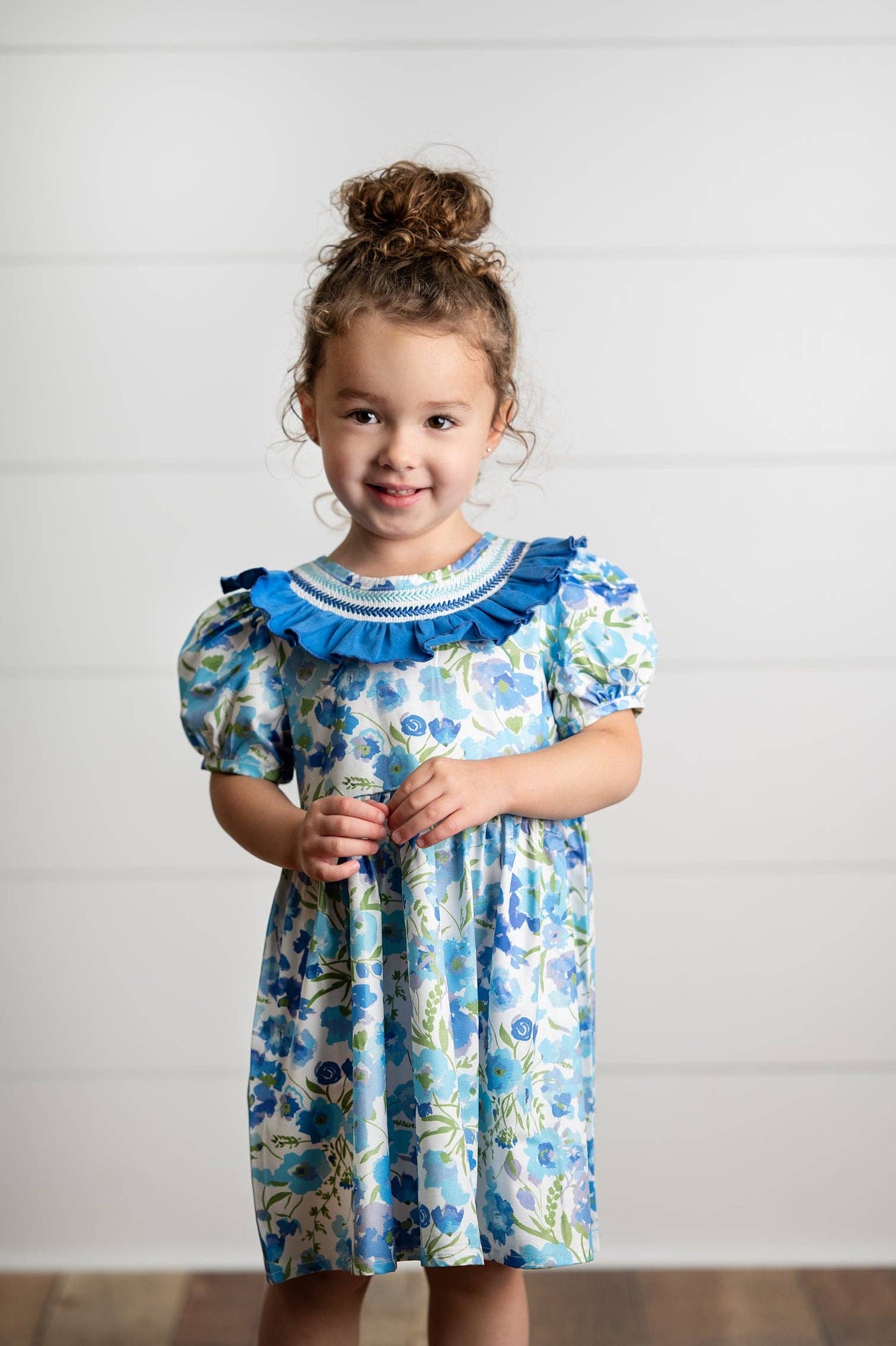 Girls Blue Vintage Floral Embroidered Ruffle Dress