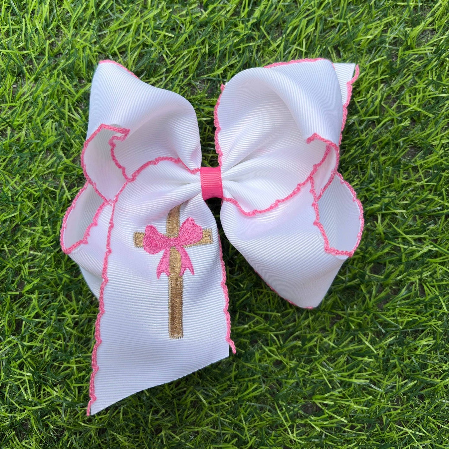 5" Easter hair bows with moon stitch trim.
