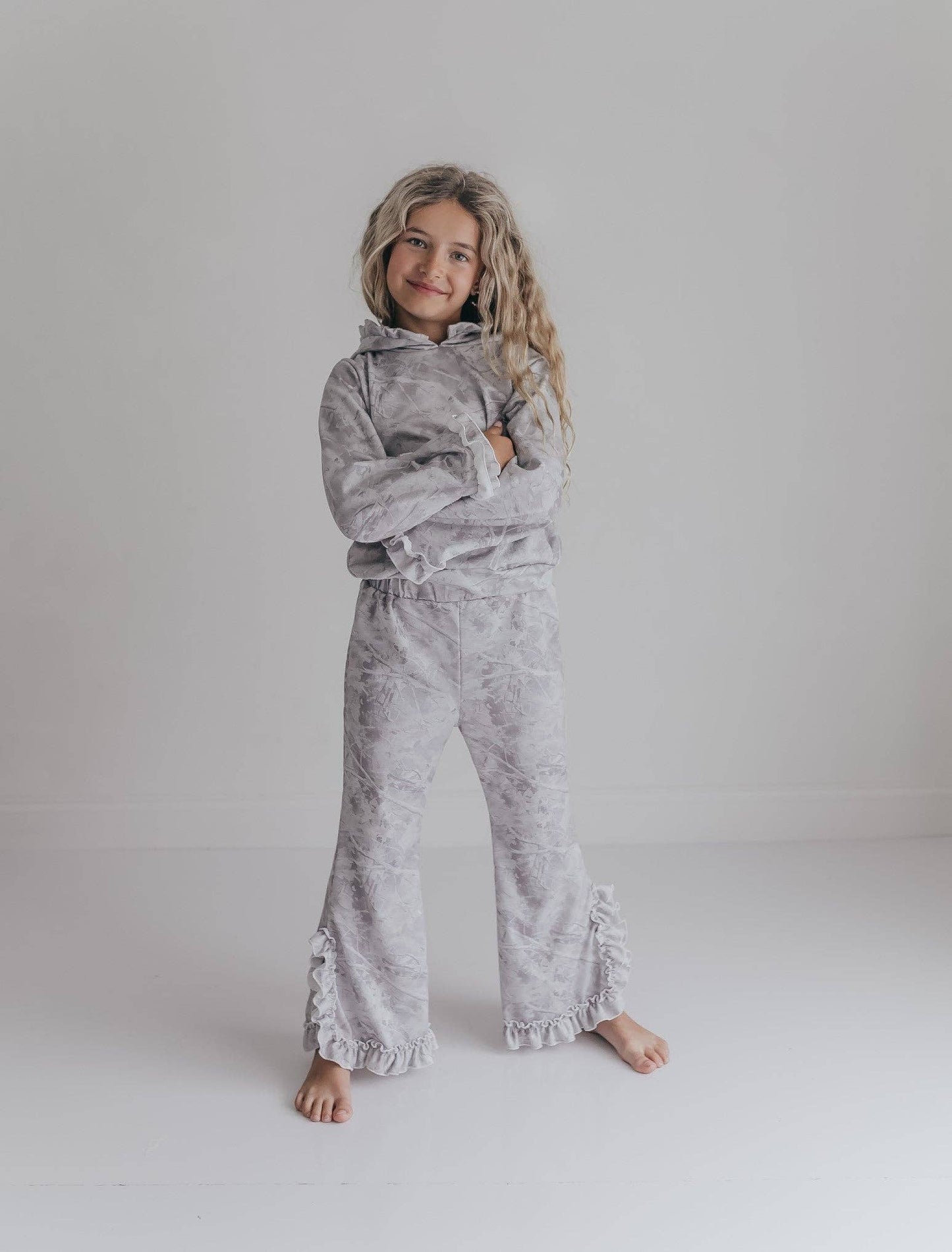 Gray Camo Hooded Ruffle Lounge Set