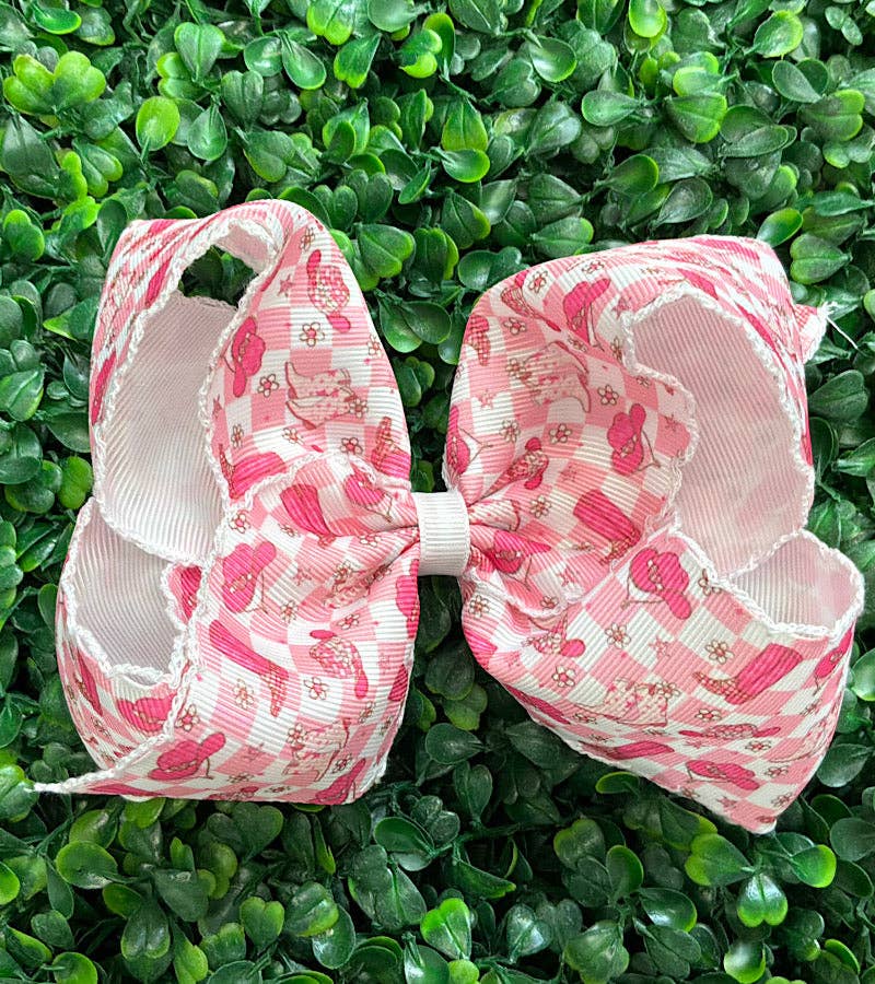 5" Multi printed hair bows with moon stitch trim.