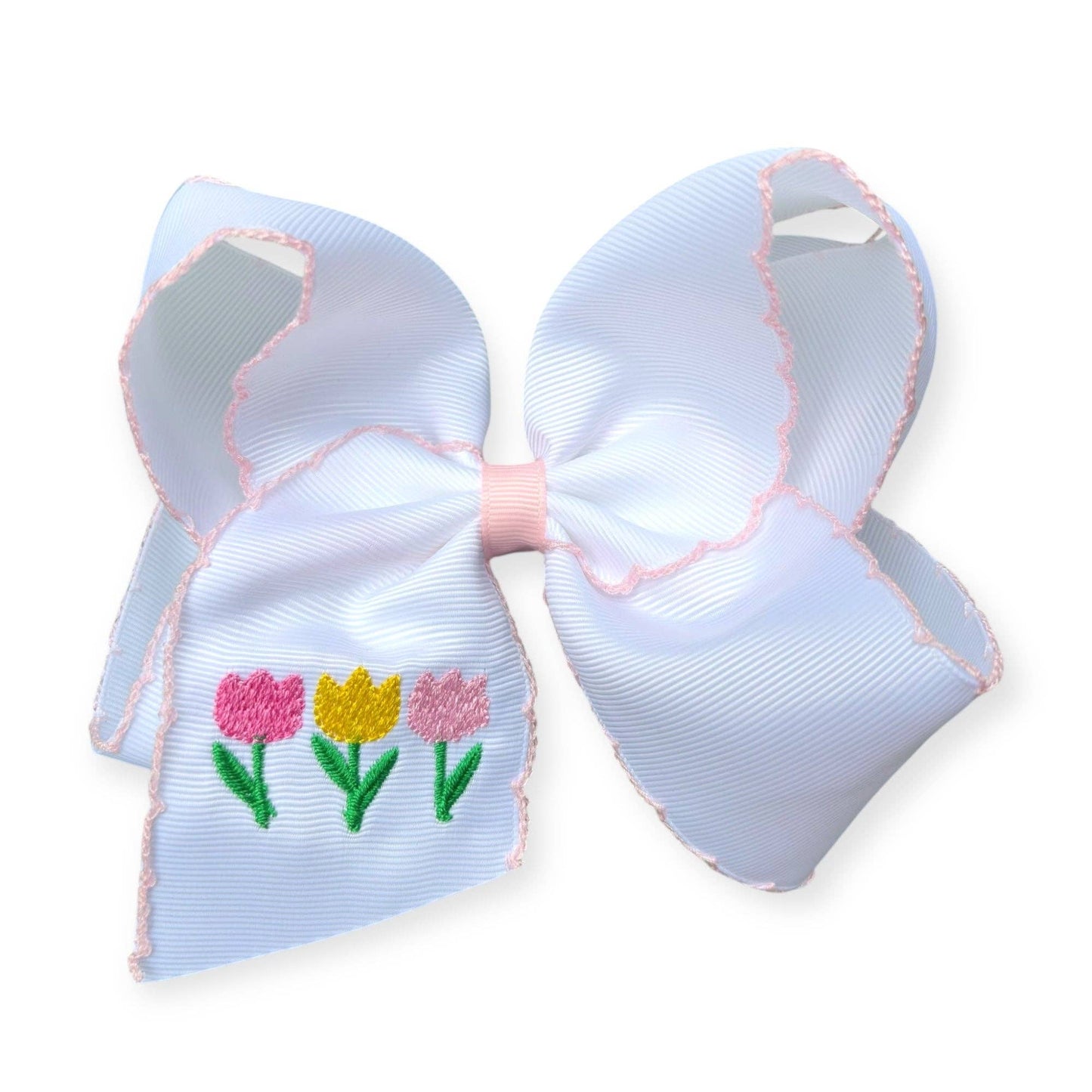 5" Easter hair bows with moon stitch trim.