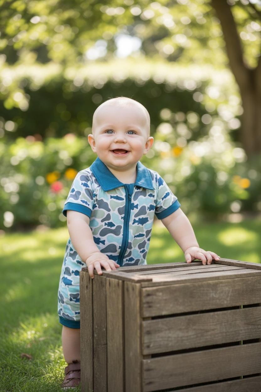 Camouflage boys romper with snaps.