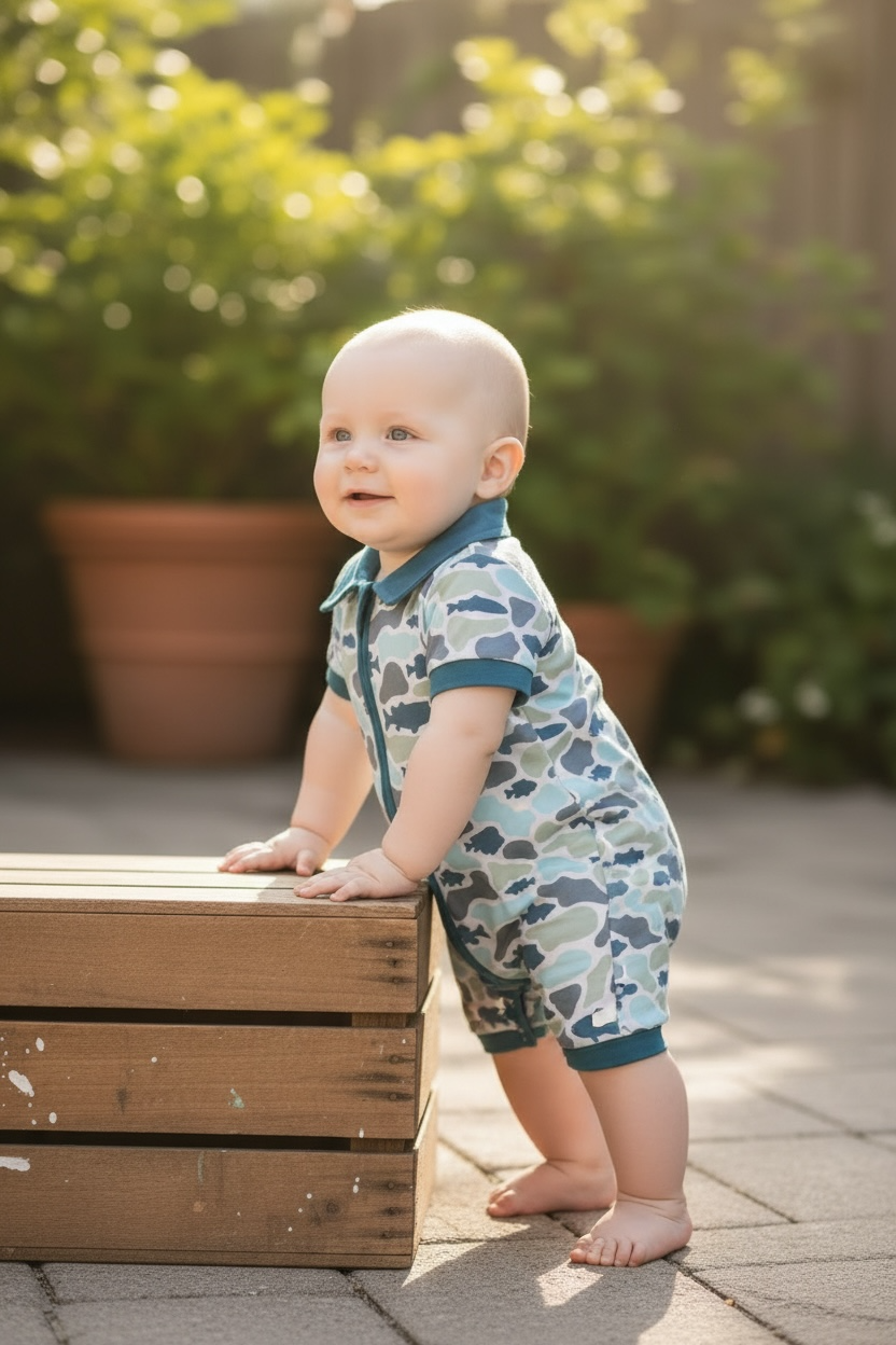 Camouflage boys romper with snaps.