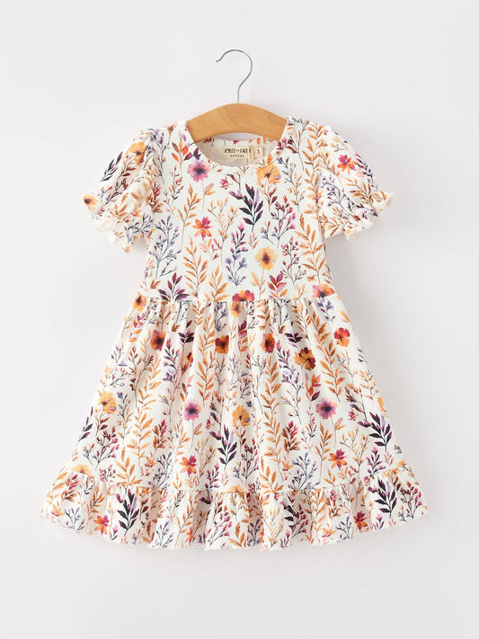 Fall Floral Puff Sleeve Ruffle Dress