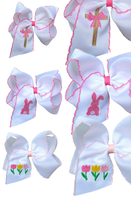 5" Easter embroidered hair bows with moon stitch trim.