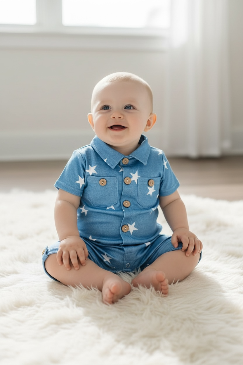 Star printed boys romper with snaps.