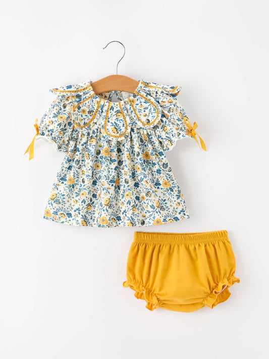 Floral Yellow Puff Sleeve Bloomers Set