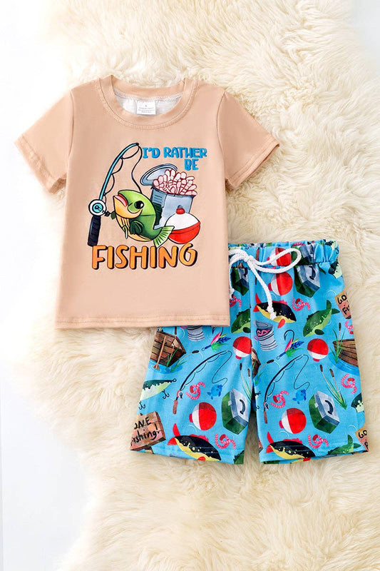 "I'd rather be fishing" Cream tee-shirt and blue fish printed shorts. OFB50112 SOL