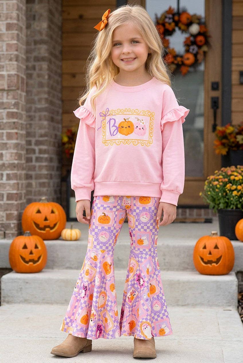 Boo" Pink Sweatshirt with checkered bell bottoms.