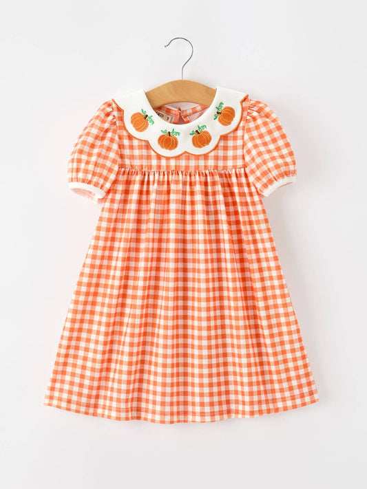 Fall Pumpkin Applique Puff Sleeve Dress