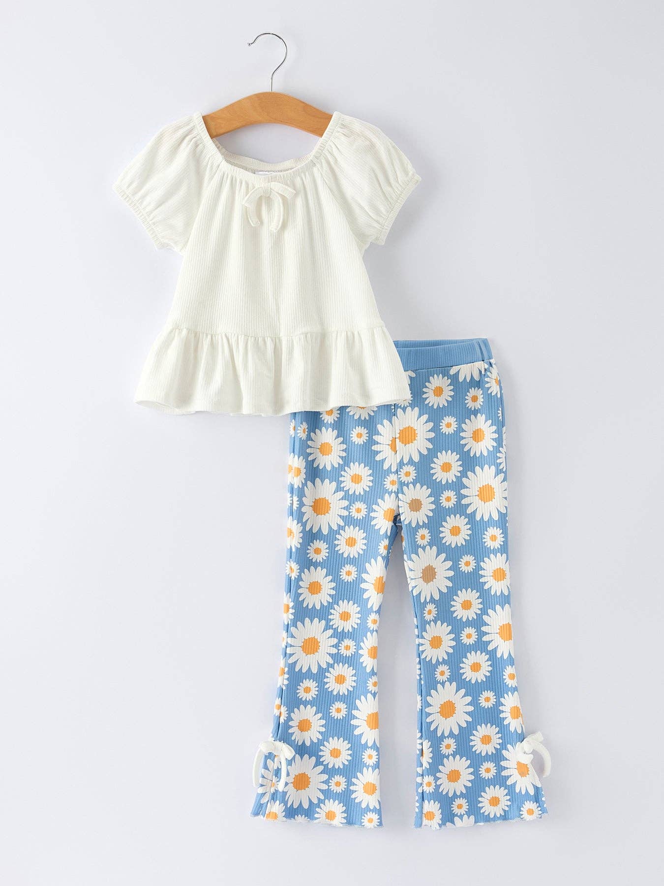 White Top & Daisy-Print Flared Pants