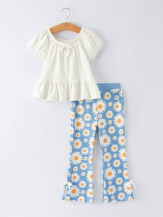 White Top & Daisy-Print Flared Pants