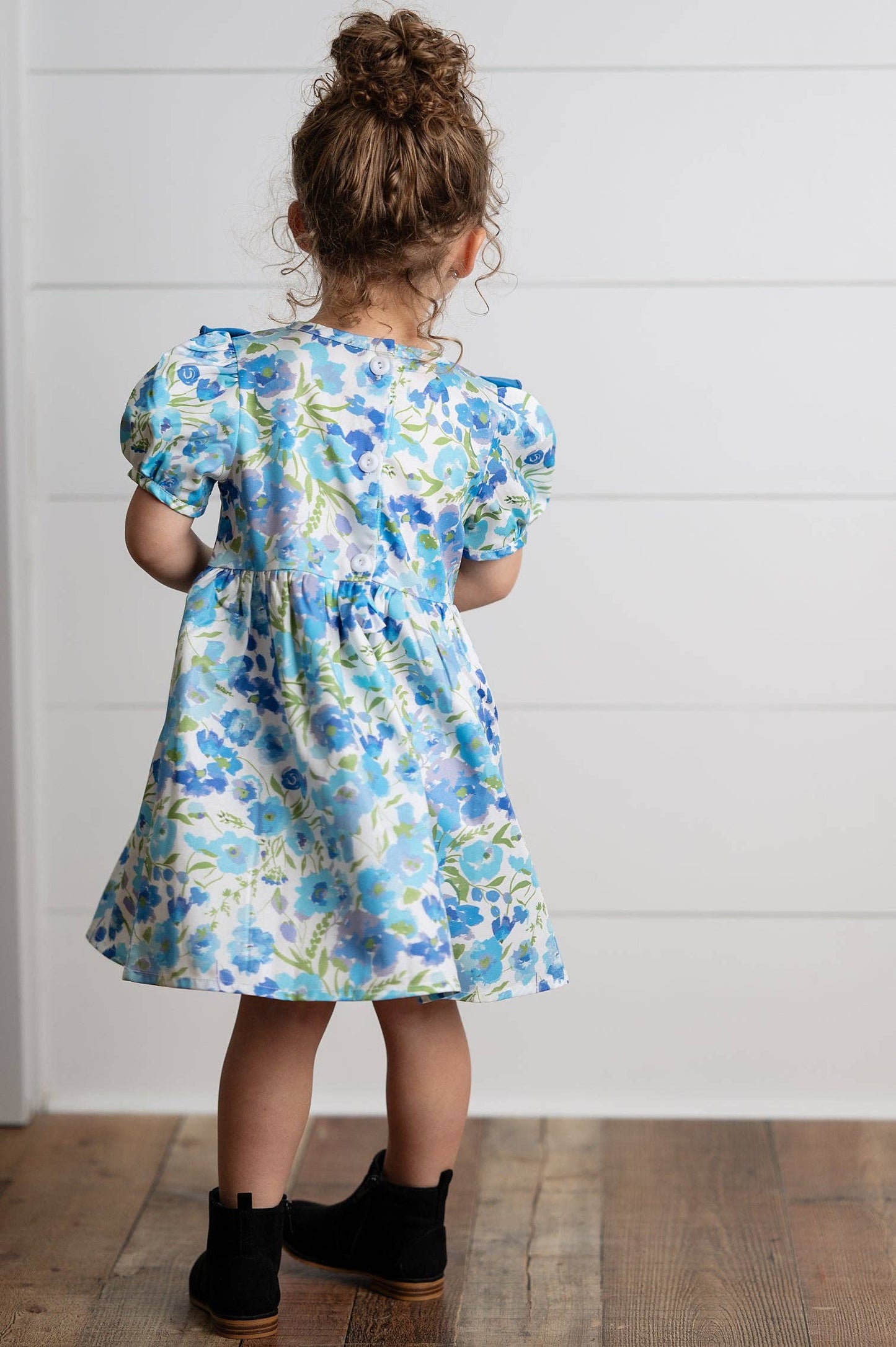 Girls Blue Vintage Floral Embroidered Ruffle Dress