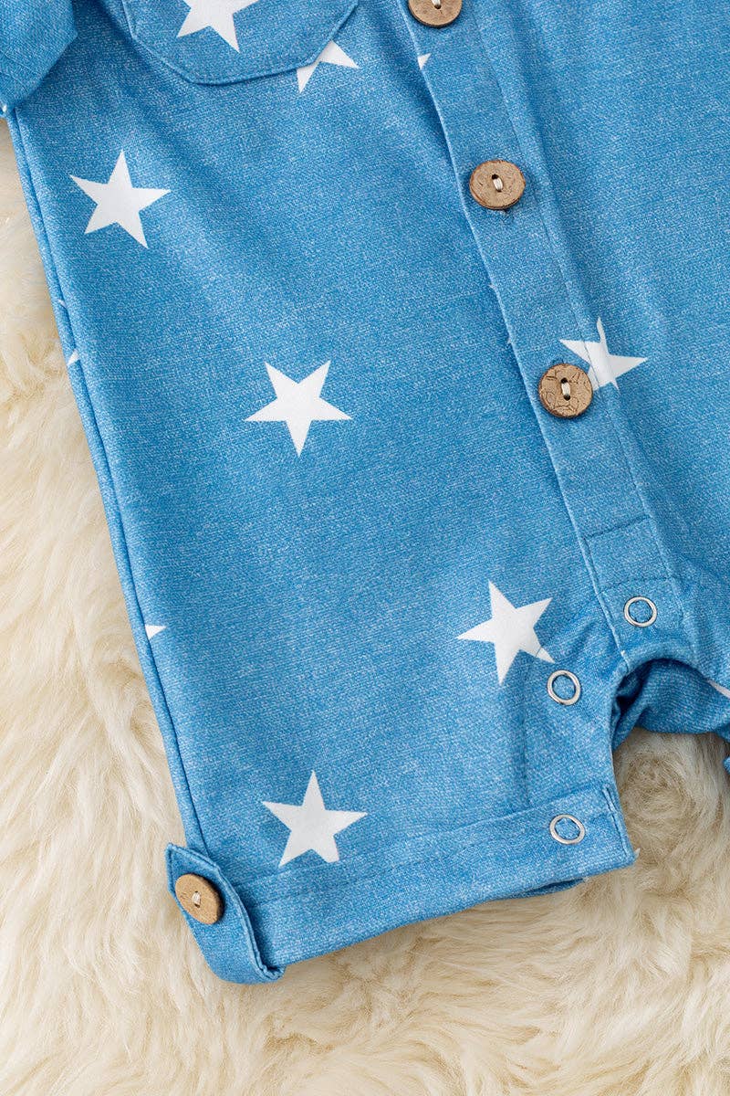 Star printed boys romper with snaps.
