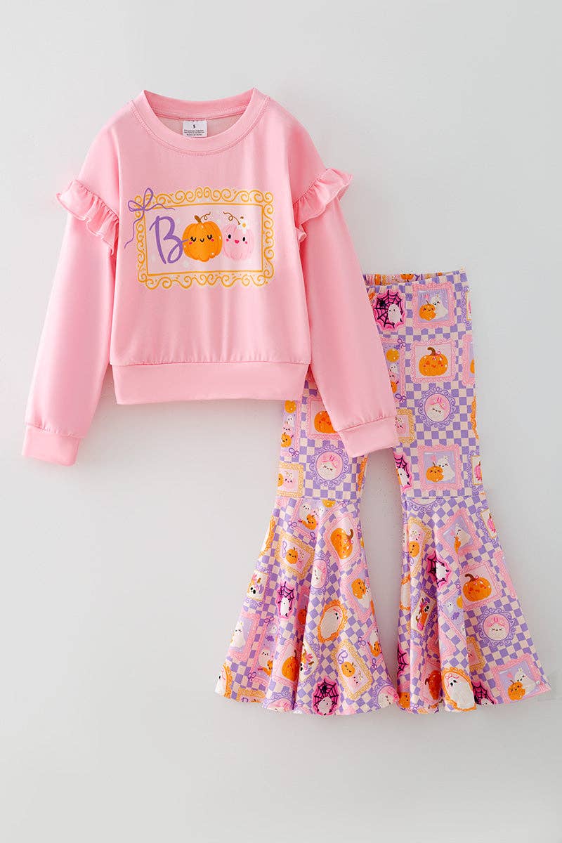 Boo" Pink Sweatshirt with checkered bell bottoms.