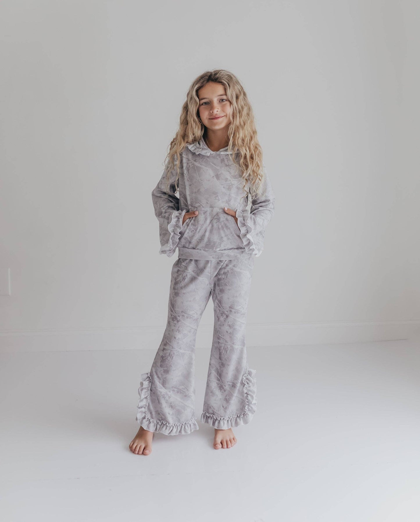 Gray Camo Hooded Ruffle Lounge Set