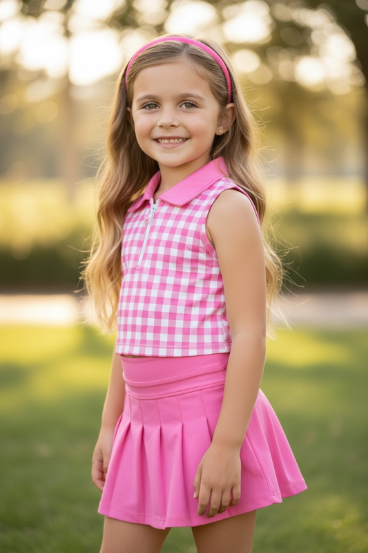 Gingham pink crop top & pleated skort.