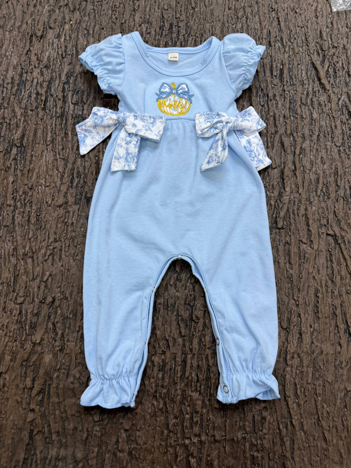 Blue pumpkin romper w/ floral bows