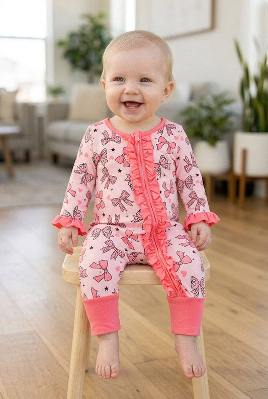 Bowprinted onesie w/ fold over footie