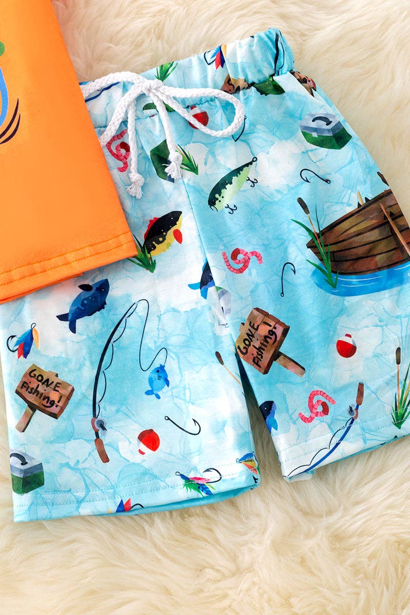 "Daddy's Fishing buddy" Orange tee & fish printed shorts. OFB50113 Jean