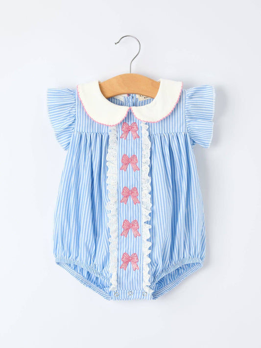 Blue Stripe Romper w/ Pink Bows
