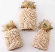 Beige Cross Cable Knit Pom Pom Beanie Hat