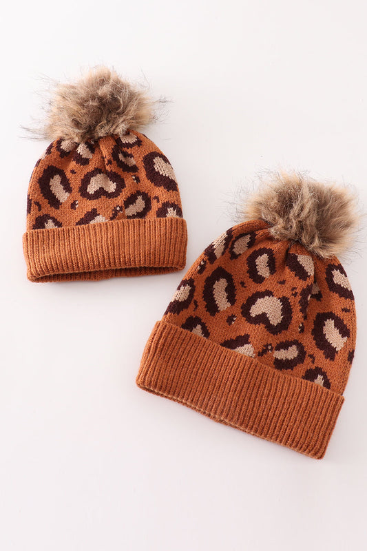 Brown pompom leopard beanie hat