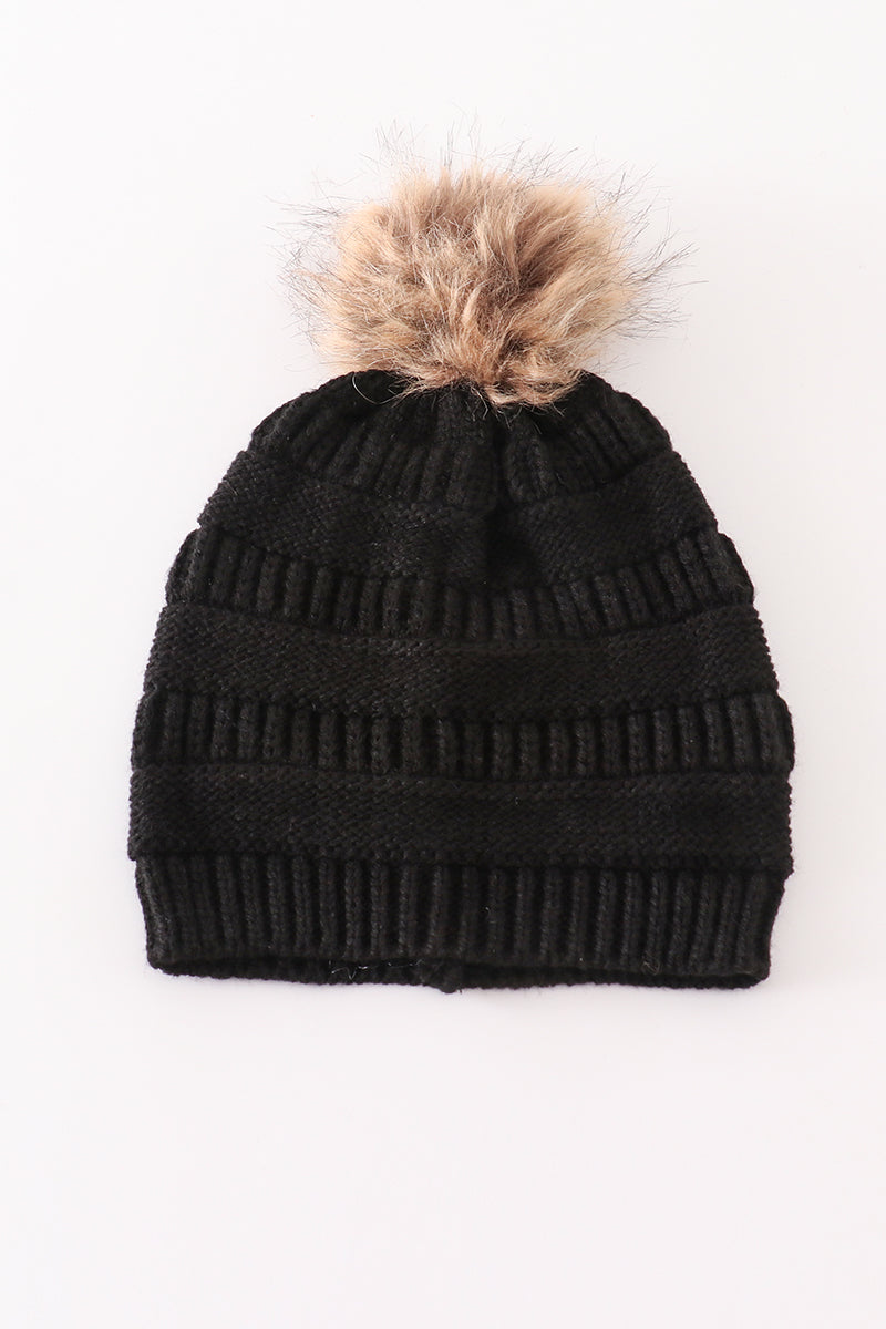 Brown pompom leopard cable beanie hat