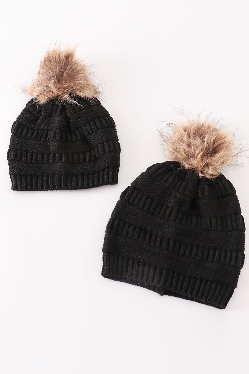 Brown pompom leopard cable beanie hat