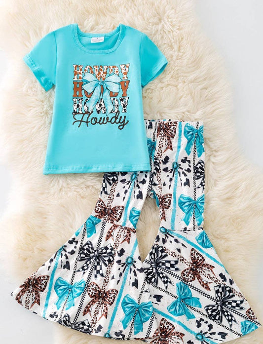 Howdy turquoise tee & bow bell pants.