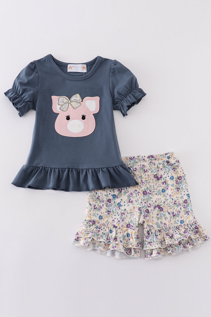 Pig Floral Print Applique Girl Set