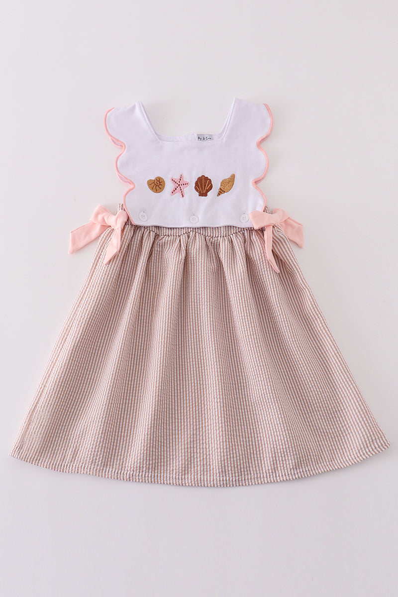 Brown Seersucker Starfish Shell Embroidery Girl Dress