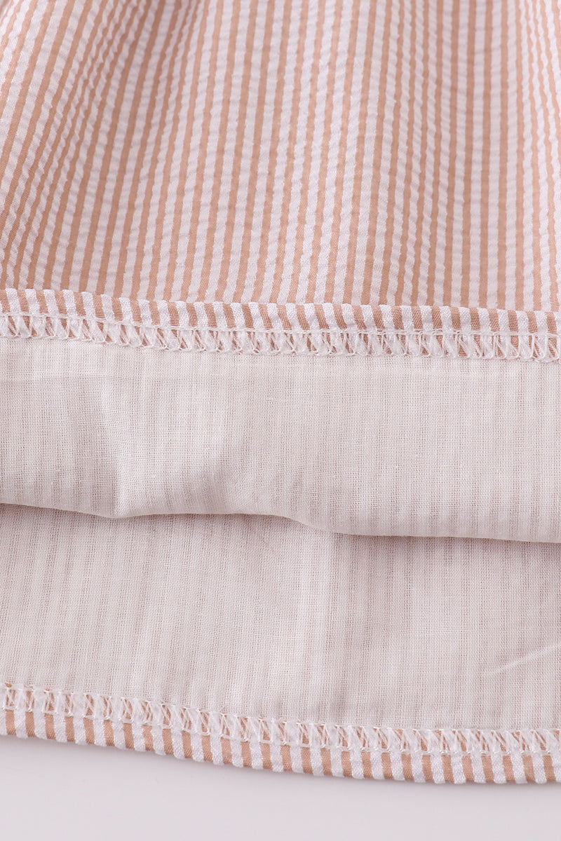 Brown Seersucker Starfish Shell Embroidery Girl Dress