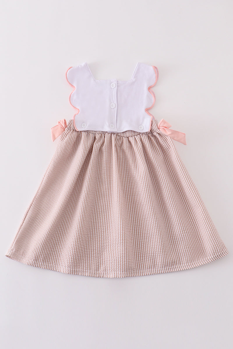 Brown Seersucker Starfish Shell Embroidery Girl Dress