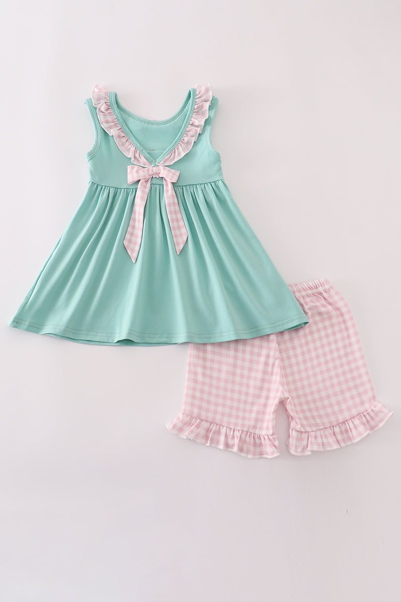 Mint Hunting Puppy Embroidery Ruffle Shorts Set