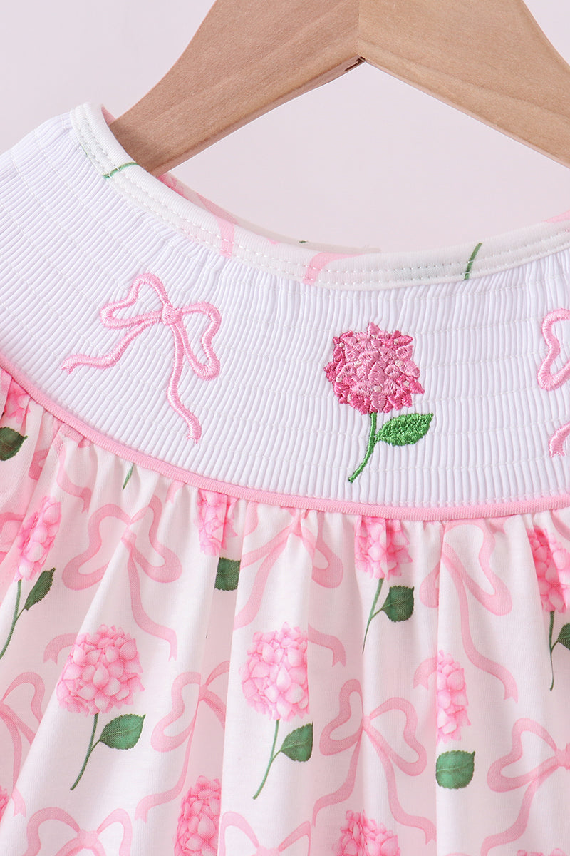 Pink bow hydrangea smocked dress