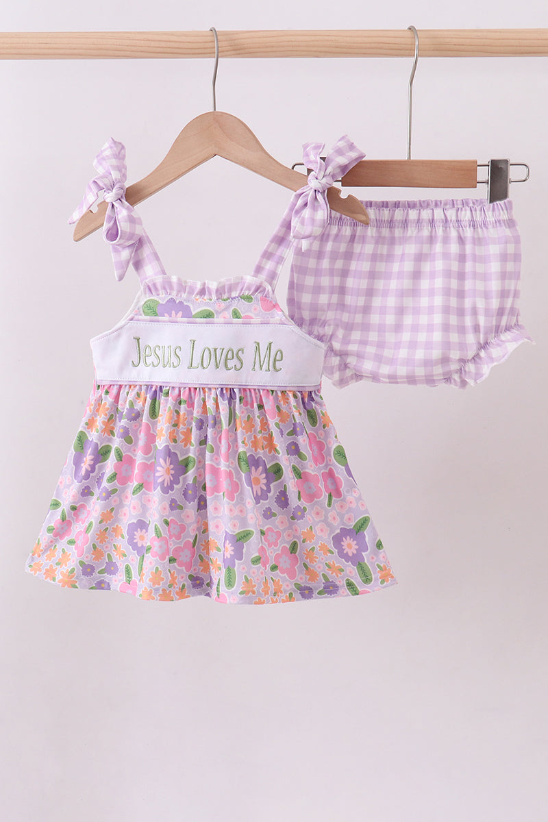 Purple floral Jesus loves me bloomer set