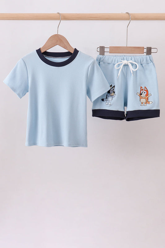 Blue character stripe shorts set