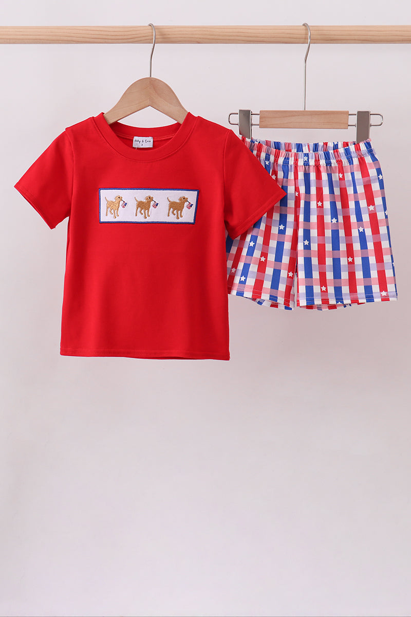 Red puppy plaid shorts set