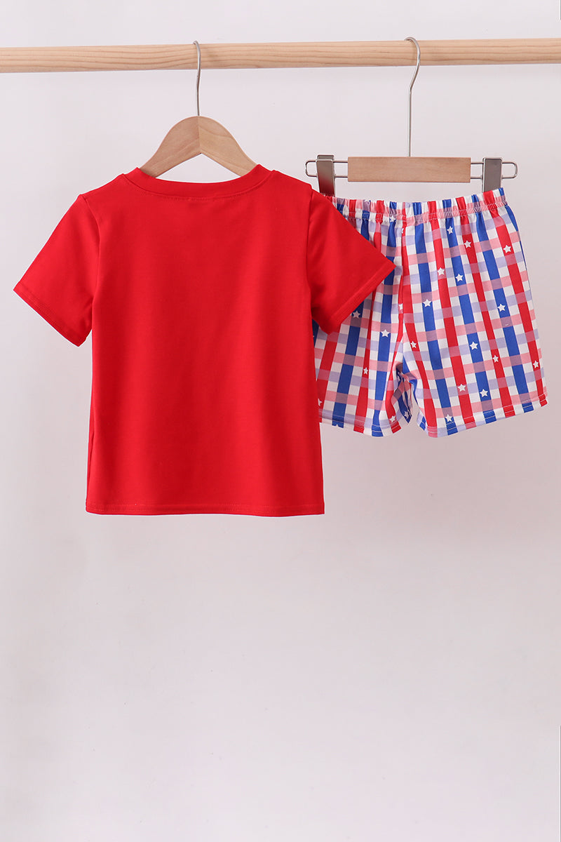 Red puppy plaid shorts set