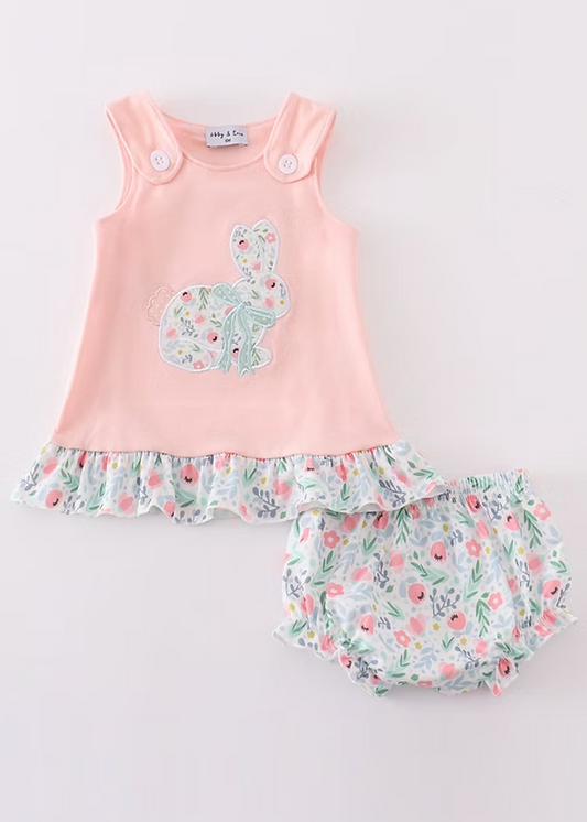 Pink Floral Bunny Applique Bloomer Set
