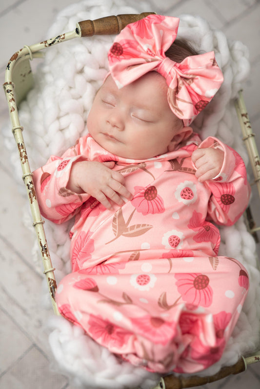 Pink Flower Stem Baby Gown with Bow