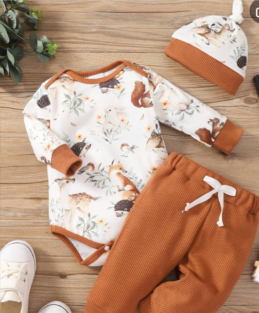 Fox Print Long Sleeve Baby Romper & Waffle Pants w/Hat