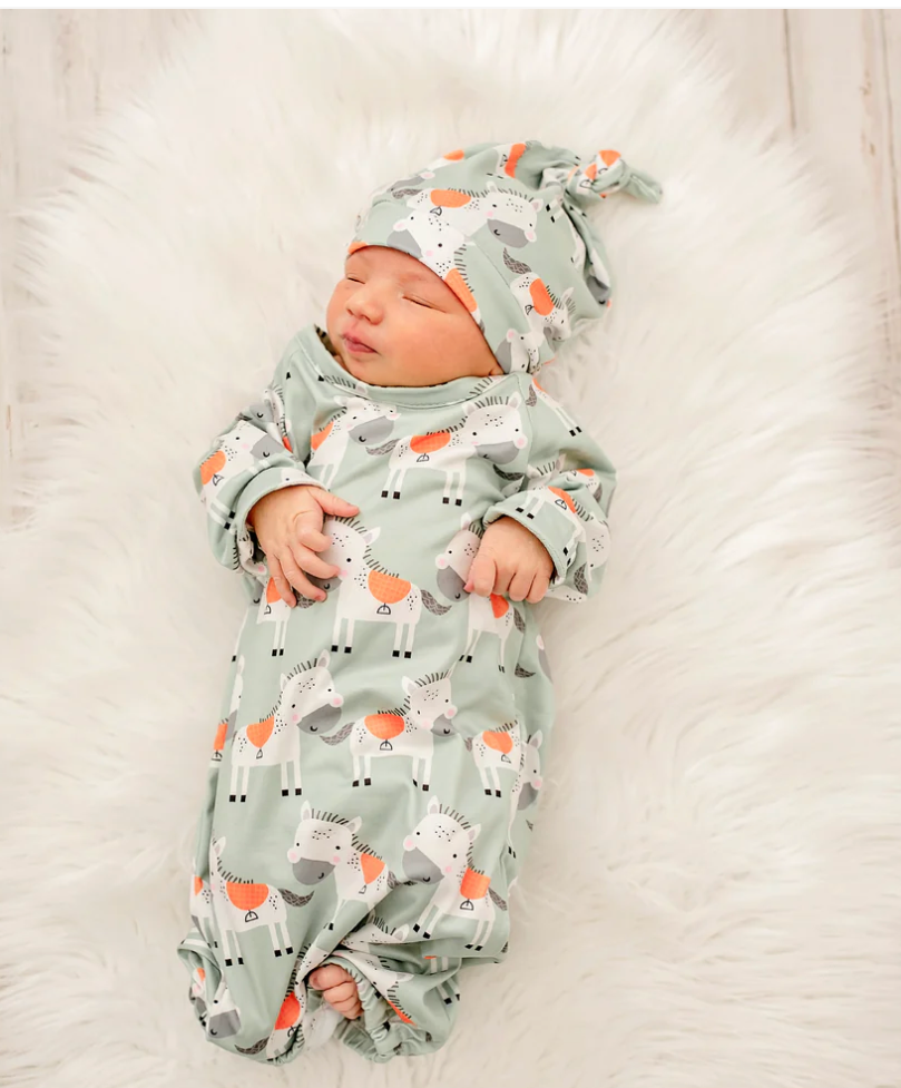 Green Horse Baby Gown & Hat