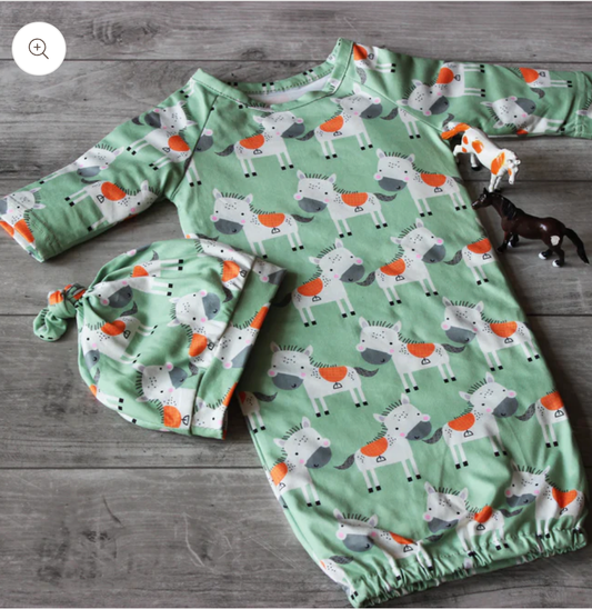 Green Horse Baby Gown & Hat