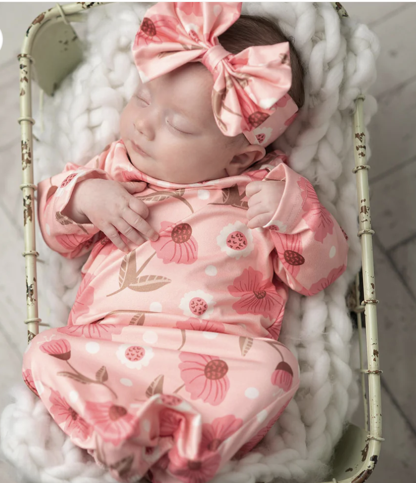 Pink Flower Stem Baby Gown with Bow