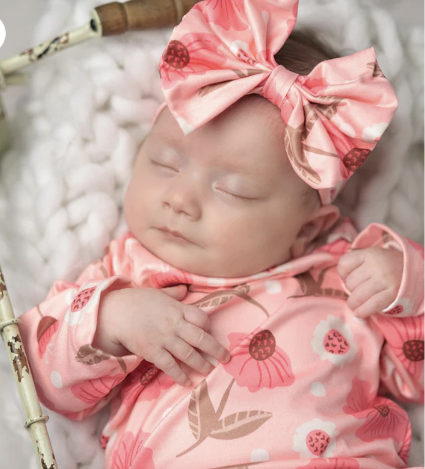 Pink Flower Stem Baby Gown with Bow